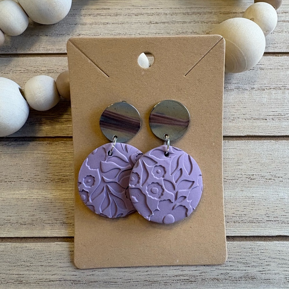 Lavender Floral Embossed Earrings with Silver Studs | Handmade Statement Jewelry